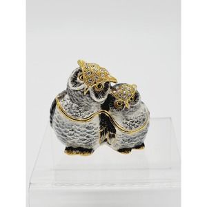 Bejeweled Owl and Owlet Hinged Trinket Box, Pewter and Enamel, Magnetic Closure